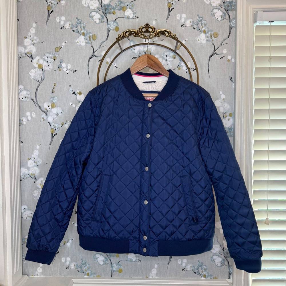Levis Womens Quilted Bomber Jacket Navy Blue Sherpa Lined Full Zip Snap XL